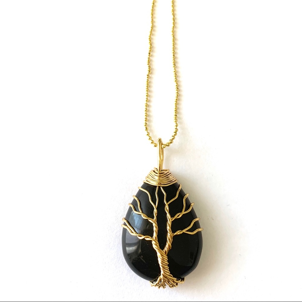 Black natural stone gold wire wrapped necklace